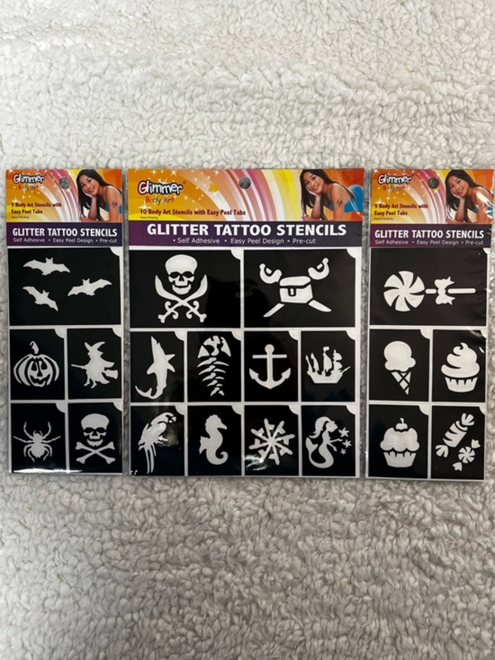 Glimmer Body Art Tattoo Stencils w/Easy Peel Tabs Assortment/20 Varied Stencils